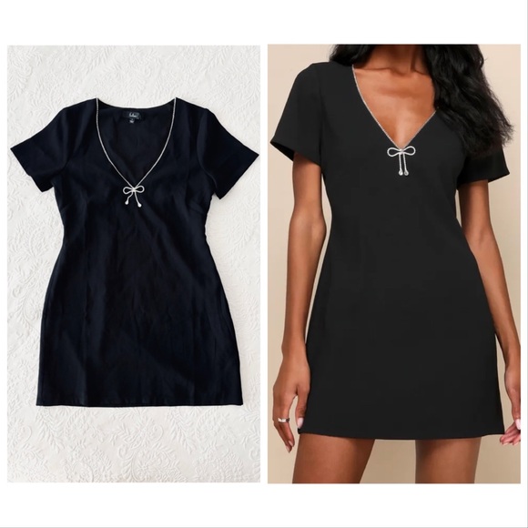 Lulus Dresses & Skirts - NWOT Lulus Charming Sparkle Black Rhinestone Bow Short Sleeve Mini Dress Small